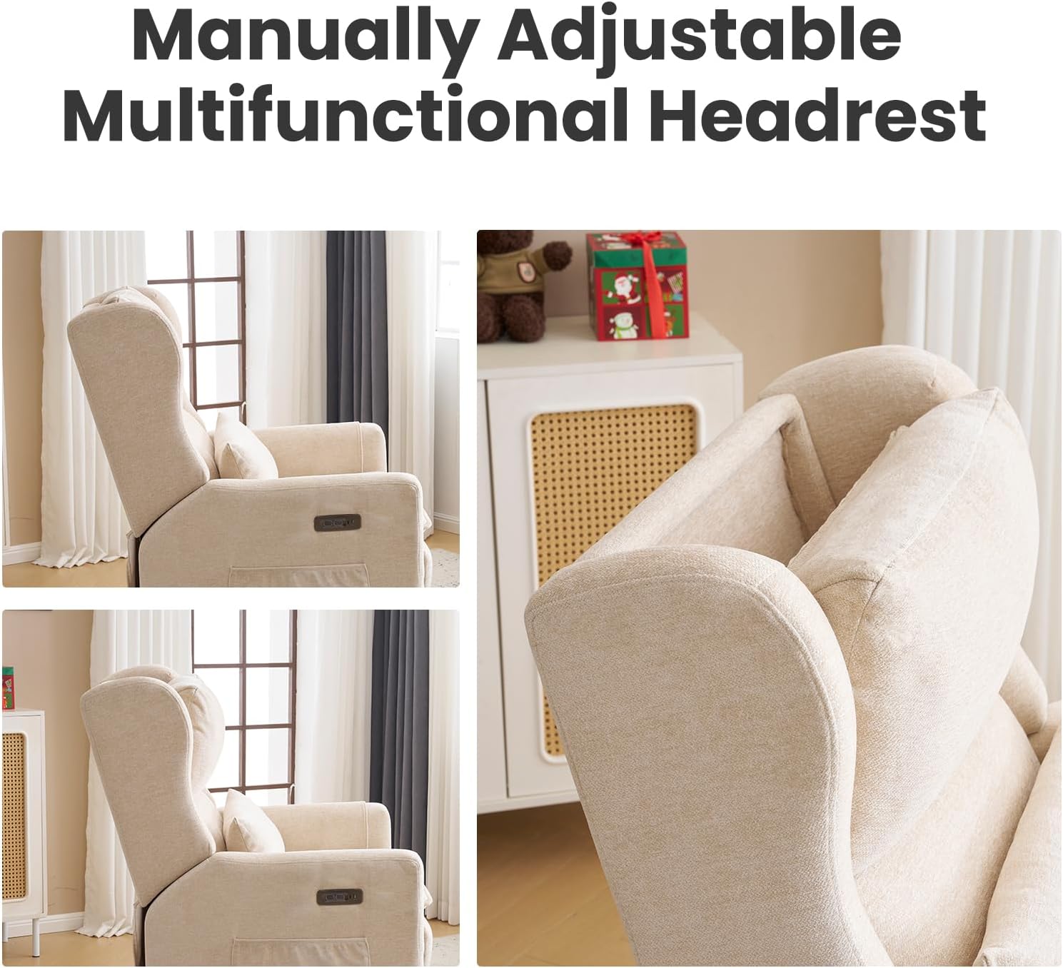 Oversized Swivel Rocker Recliner with Lumbar Cushion, Power Recliner Nursery Chair with Adjustable Headrest, Nursery Glider Recliner for Living Room, Beige