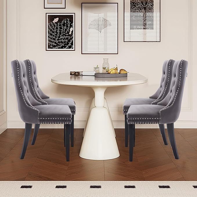 Velvet Upholstered Dining Chairs Set of 4, Modern Style Kitchen Side Chairs with Nailhead Trim and Wood Legs,Metal Pulling Ring for Dining Room Living Room(Grey,Set of 4)