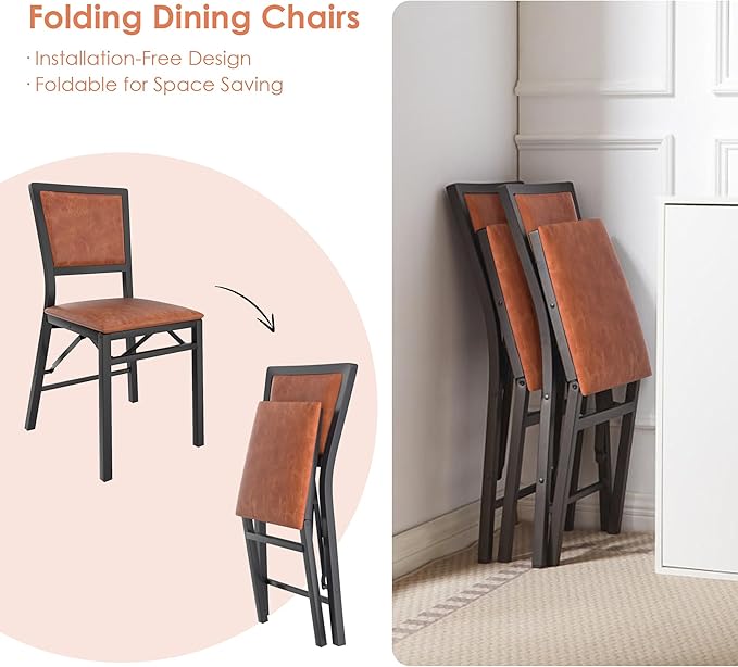 VECELO Folding Chairs Set of 4 with Cushion, Foldable Padded Seats with Heavy Duty Metal Frame for Kitchen/Dining/Living Room, No Assembly & Space Saving Design, Chestnut Brown