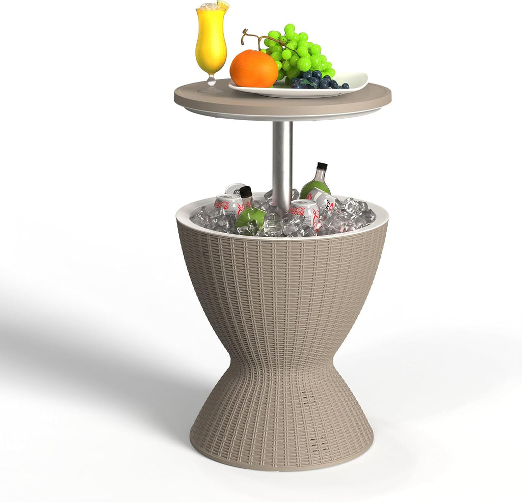 EasyUp Outdoor Cooler Bar Table – 8 Gallon Outdoor Patio Cooler Table with Drain Plug, Adjustable Height Rattan-Style Resin Cool Bar for Poolside, Deck, BBQ & Parties (Grey)