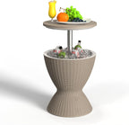 EasyUp Outdoor Cooler Bar Table – 8 Gallon Outdoor Patio Cooler Table with Drain Plug, Adjustable Height Rattan-Style Resin Cool Bar for Poolside, Deck, BBQ & Parties (Grey)