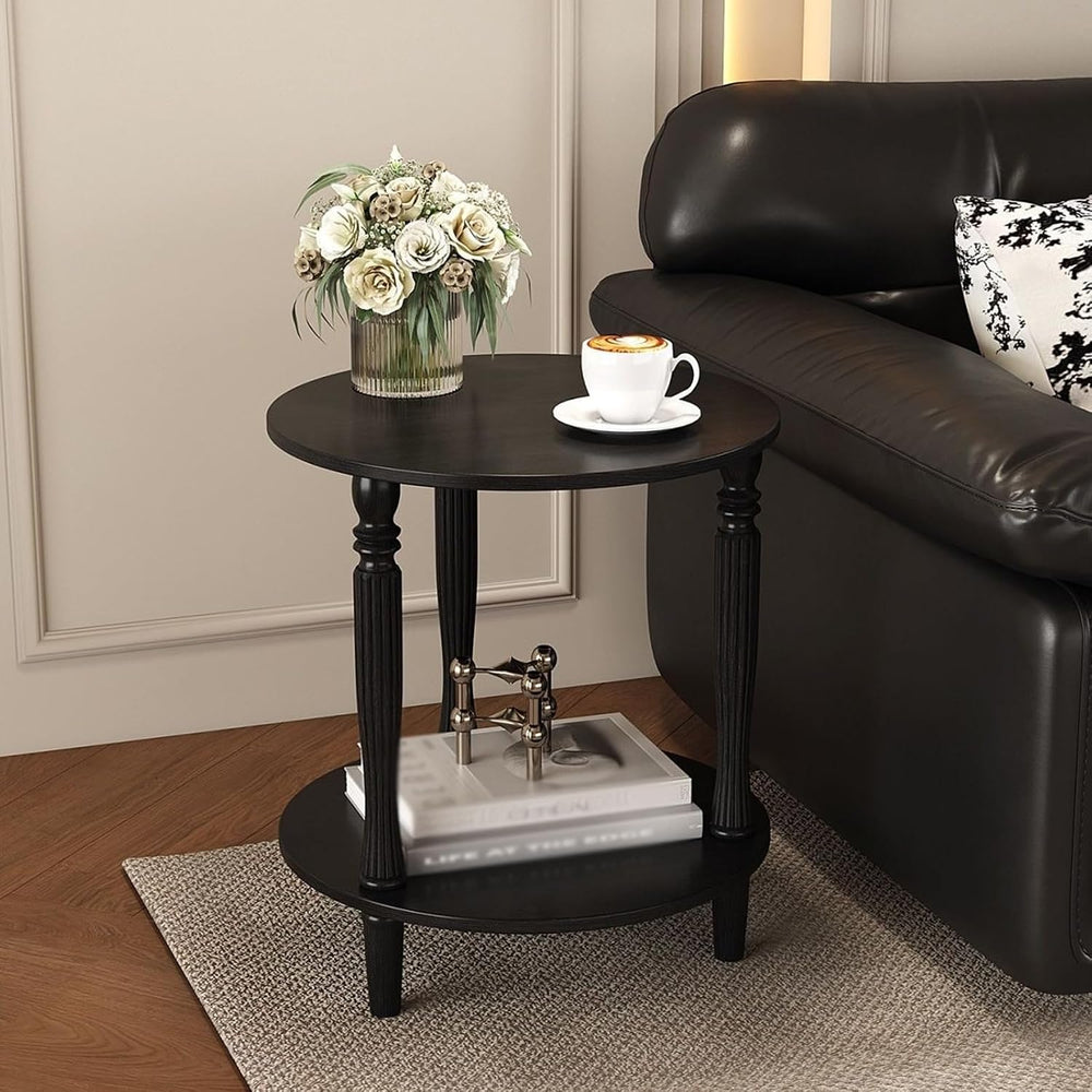 Round Side Table with Roman Column Legs, 2 Tier Sofa End Table with Storage,A...