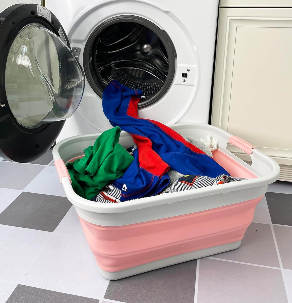 SAMMART 41L (10.8 gallon) Collapsible Plastic Laundry Basket - Foldable Pop Up Storage Container/Organizer - Portable Washing Tub - Space Saving (Grey/Quartz Pink, Rectangular)