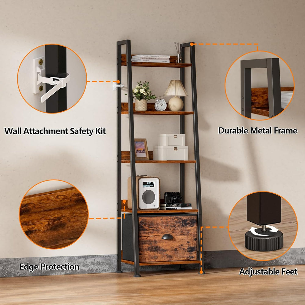 Furologee 5-Tier Ladder Shelf, Ladder Bookshelf with Removable Drawer, Rustic...