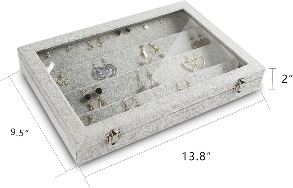 Frebeauty Earring Organizer Tray with Clear Lid 64 Slots Velvet Drawer Insert Earring Storage box with Transparent Glass lid Jewelry Display Case with lock Gifts for Girls Women (Grey, Earrings)