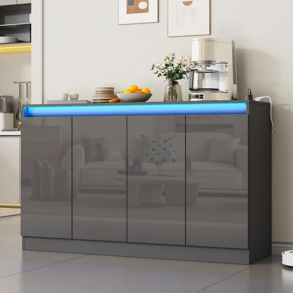 Furnify 51" W Buffet Cabinet with LED Lights & Charging Station, Grey