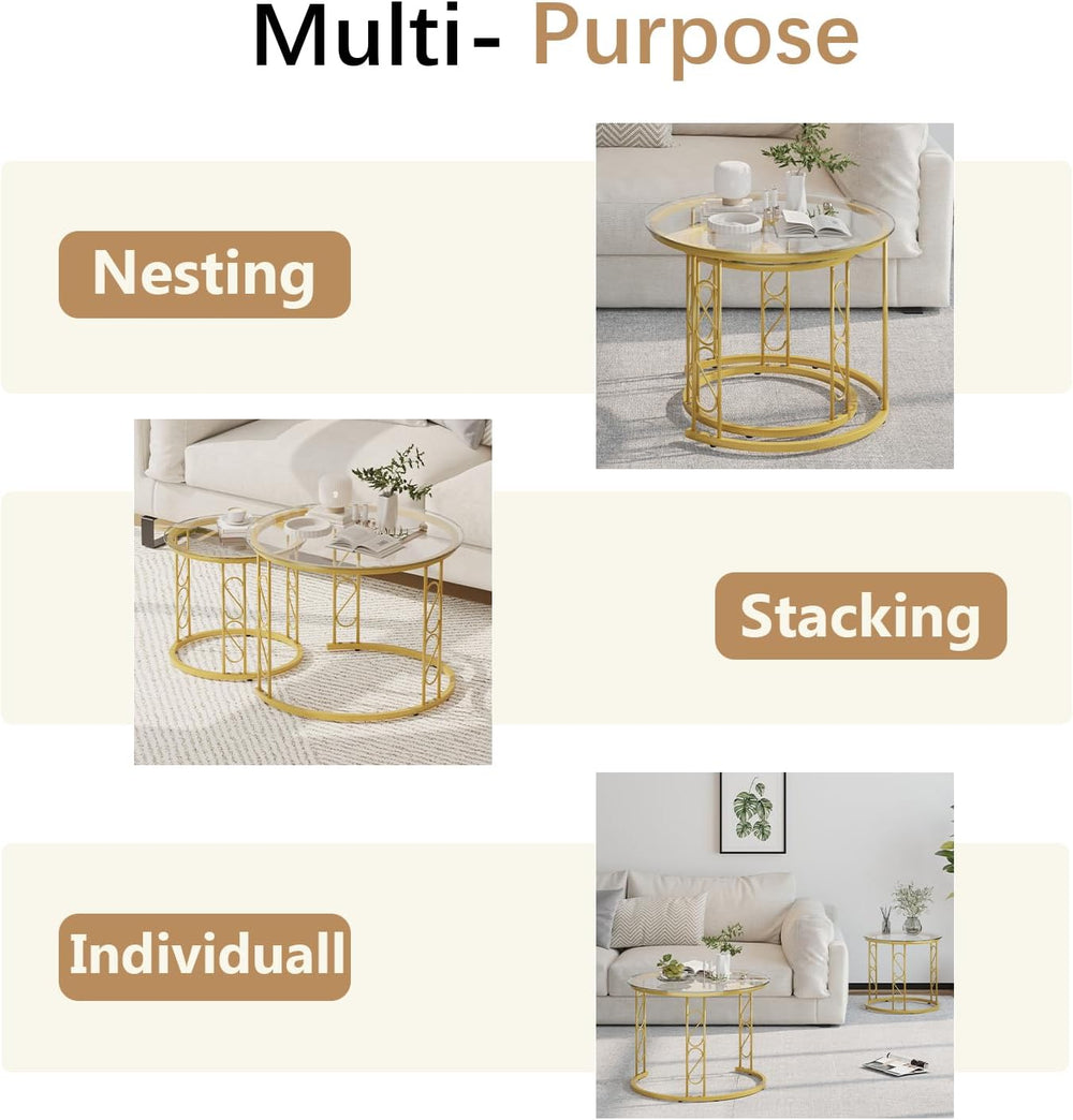 Garden 4 you Nesting Coffee Table, 23.6" Round Coffee Table Set of 2, Gl...