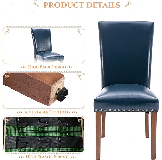 Parsons Dining Chairs Set of 2, Upholstered Nailhead PU Leather Dining Room Kitchen Side Chair with Thick Cushions and Wood Legs, Blue