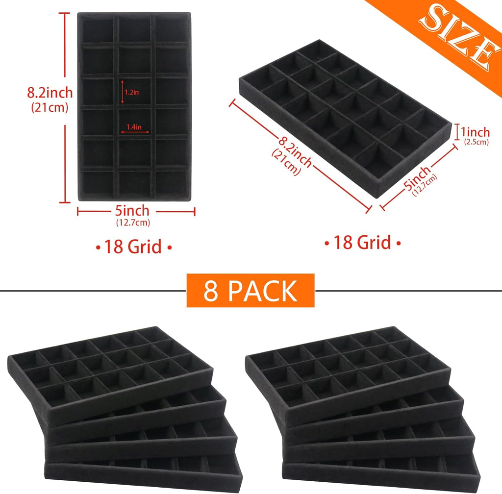 8 Pack Earring Organizer Holder Velvet Jewelry Tray for Drawer Stackable Jewelryy Organizer Divided Display Tray for Earring 144 Grids, Black