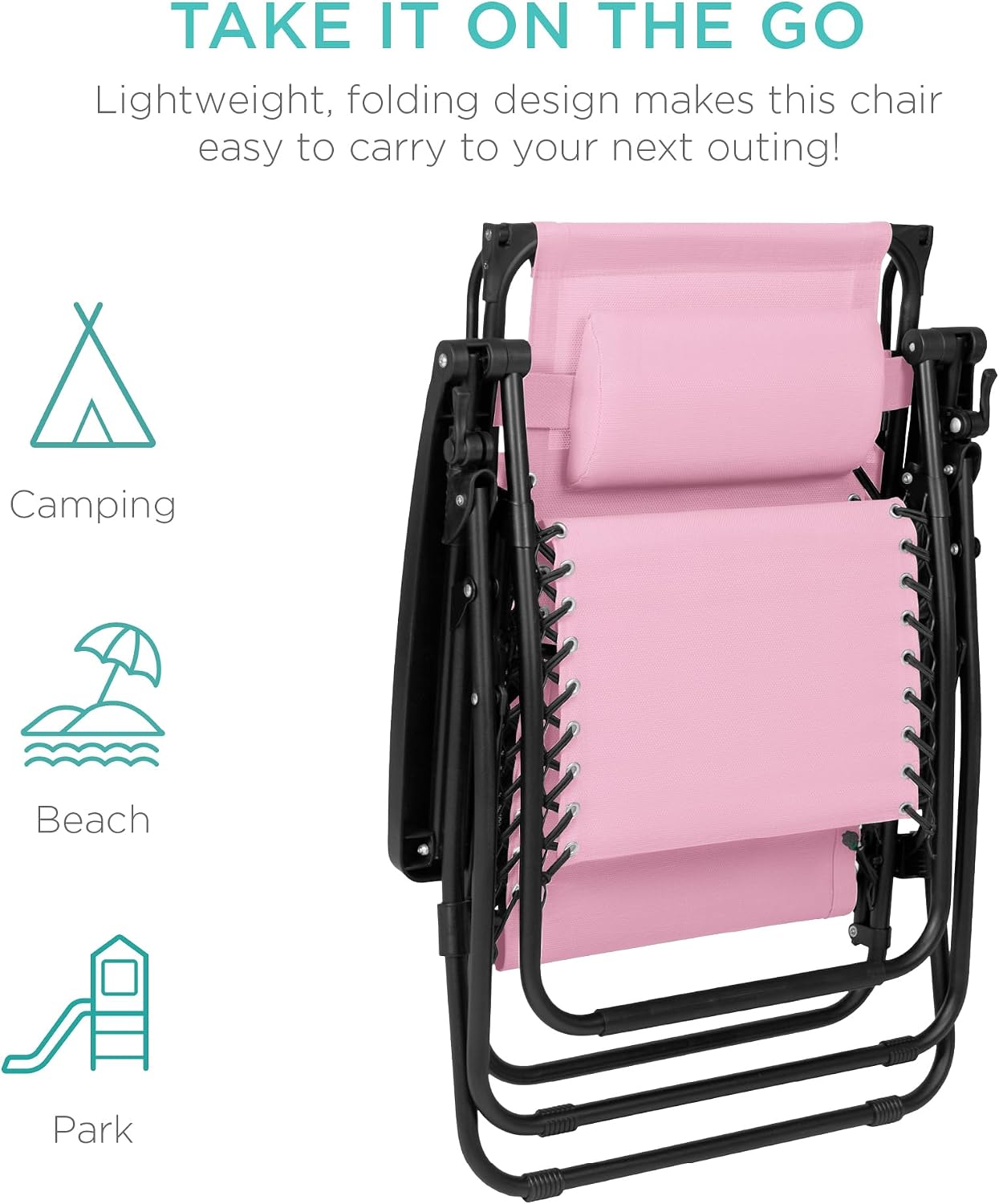 Best Choice Products Folding Zero Gravity Outdoor Recliner Patio Lounge Chair w/Adjustable Canopy Shade, Headrest, Side Accessory Tray, Textilene Mesh - Bubblegum Pink