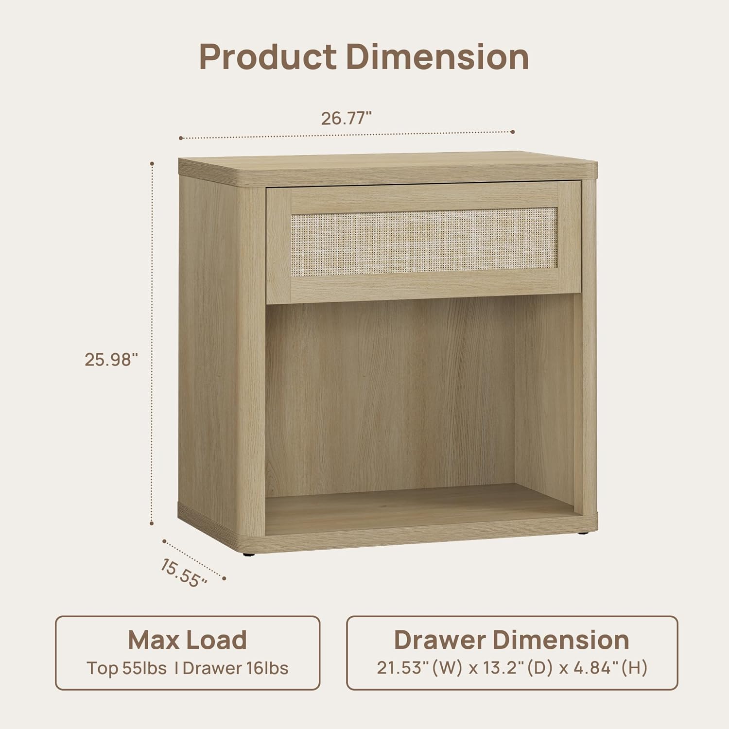 SICOTAS Night Stand Set of 2 26" Wide Large Nightstands with Drawer & Shelf Storage Rattan Bedside Table Boho End Table Tall Bed Side Tables Night Stands for Bedroom Living Room Sofa Office, Sand Oak
