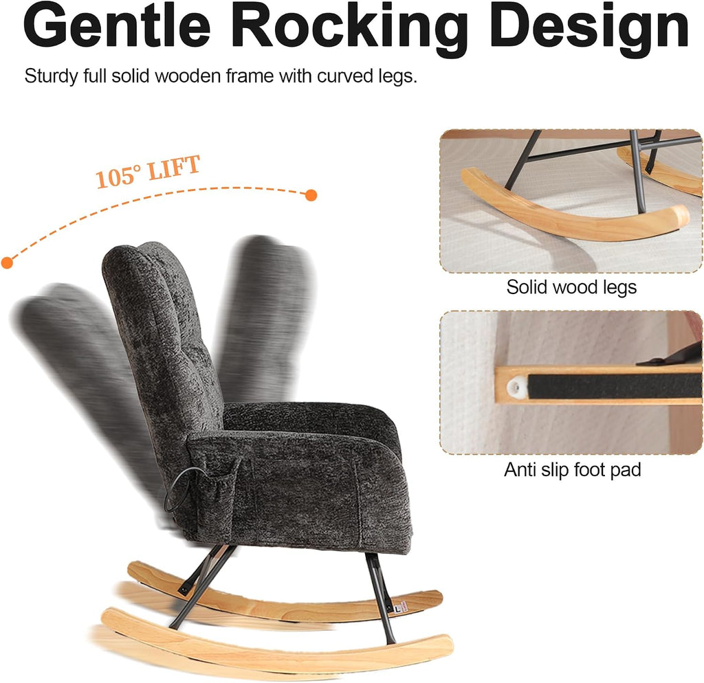 Rocking Chair Nursery with Airbag, Comfy Modern Nursery Rocking Reading Chair Indoor, Cozy Upholstered Glider Rocker Chairs with High Backrest for Living Room Bedroom Offices(Chenille, Black)