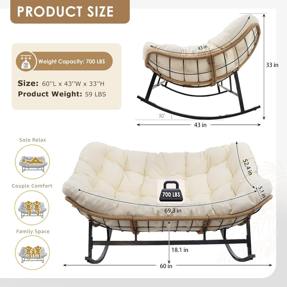 RADIATA Double Egg Rocking Chair for 2, Oversized Rattan Recliner Loveseat wi...