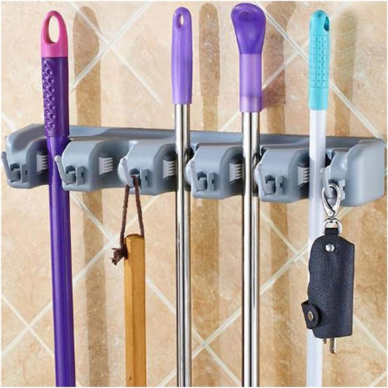 16 Inch Broom Holder Wall Mount with 6 Hooks, ABS Plastic Mop and Tool Organizer Rack for Garage Kitchen Laundry Room