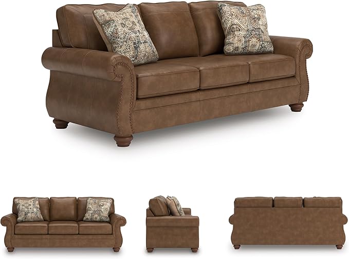 Signature Design by Ashley Shadsburne Rustic Faux Leather Sofa with Nailhead Trim and 2 Throw Pillows, Brown