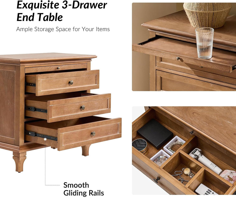 End Table Set of 2 with Charging Station, Solid Wood Organizer with 3 Drawers...