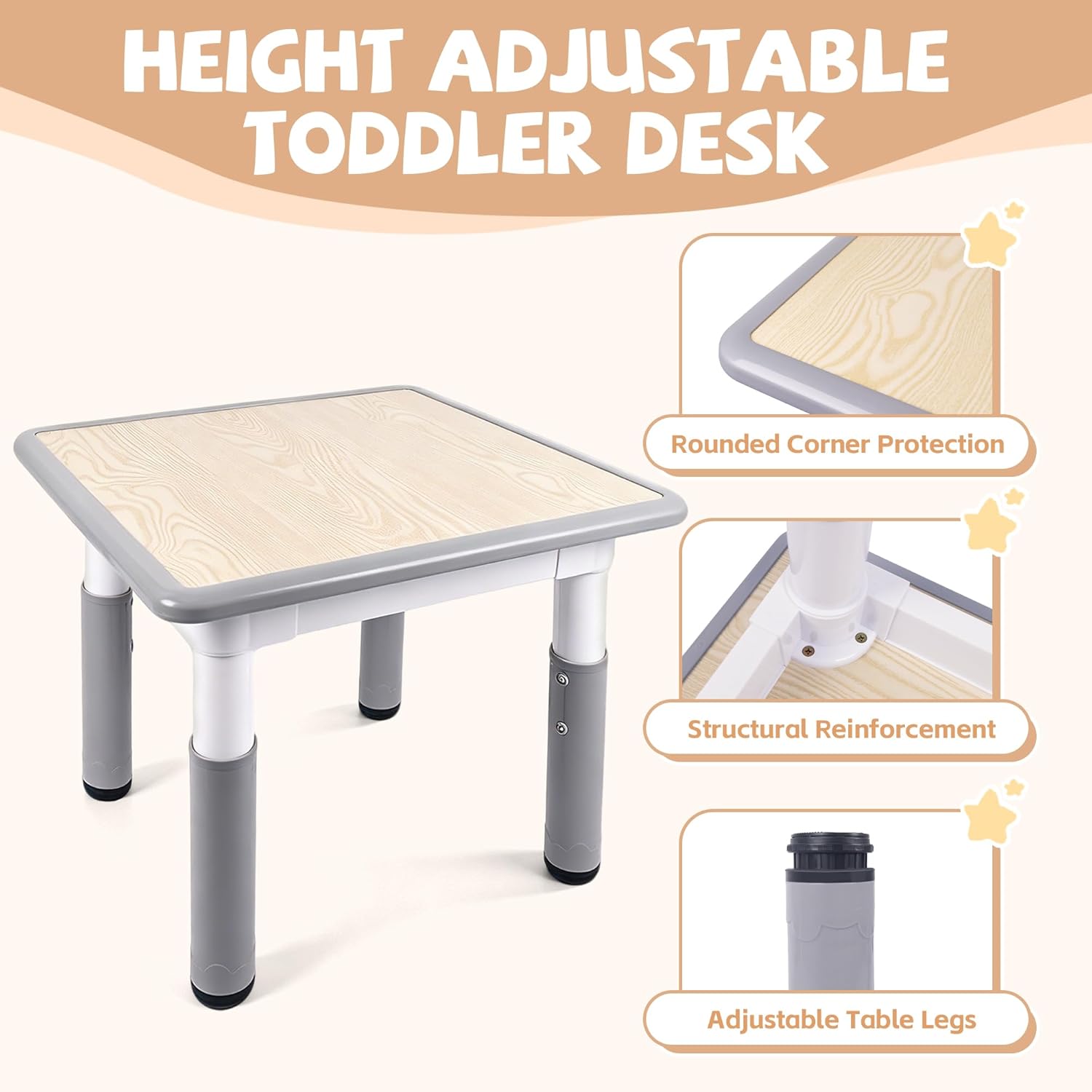Pterying Kids Table and Chairs Set - 23.6" L x 23.6" W Height Adjustable Toddler Desk, Non-Slip Toddler Table with Graffiti Desktop for Ages 2-8, for Home Preschool Classroom Daycare, Grey