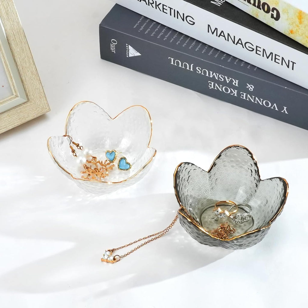 2Pcs Flower Shape Jewelry Tray, 3.5in Small Glass Jewelry Dish, Room Aesthetic Ring Dish, Engagement Ring Holder for Women, Bathroom Trinket Tray for Rings Earring Wife Mom Daughter Gift (White, Grey)