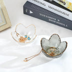 2Pcs Flower Shape Jewelry Tray, 3.5in Small Glass Jewelry Dish, Room Aesthetic Ring Dish, Engagement Ring Holder for Women, Bathroom Trinket Tray for Rings Earring Wife Mom Daughter Gift (White, Grey)