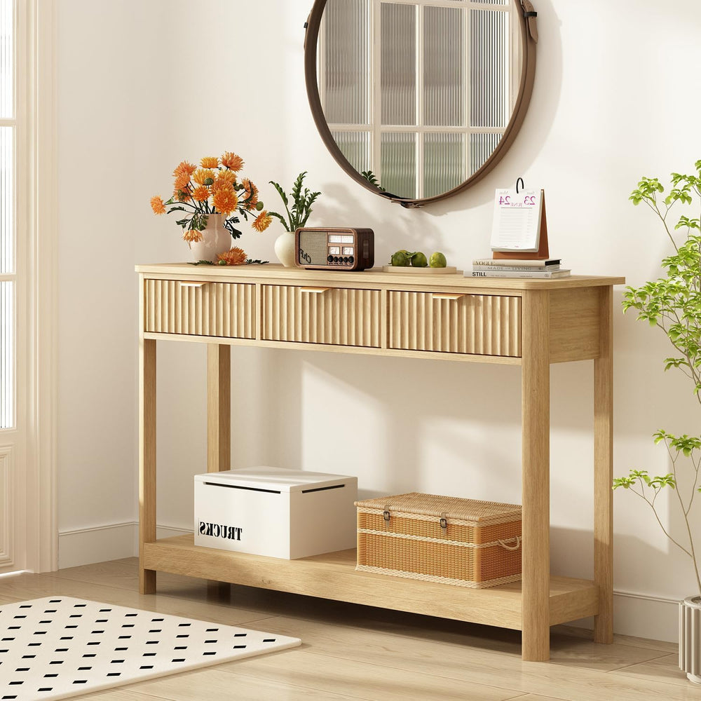 RUSTOWN Fluted Wood Console Table with 3 Drawers, 47.2" Boho Entryway Table