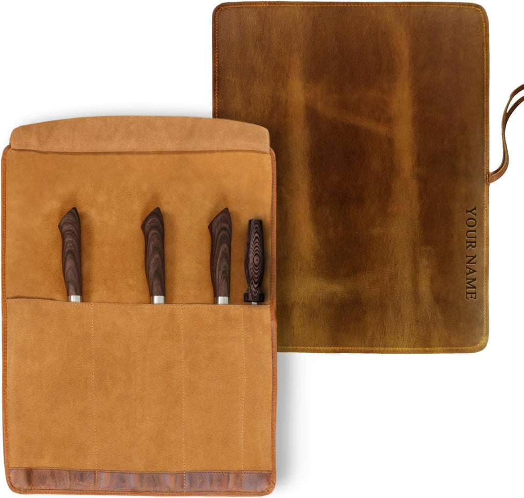 Personalized Premium Full Grain Leather Chef Knife Roll, 17L x 14W Inches Knife Storage Travel Case, Professional Custom Monogram Embossed Chef Knife Case - Holds 4 Chef Knives
