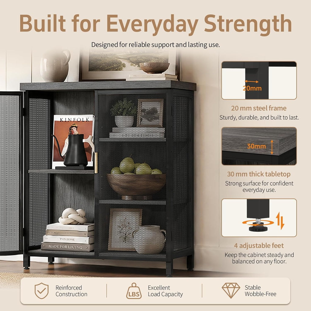 Coffee Bar Cabinet with Adjustable Shelves,Liquor Cabinet with Wire Mesh Doors,Space-Saving Buffet Cabinet, for the Kitchen, Dining Room, and Living Room, Gray