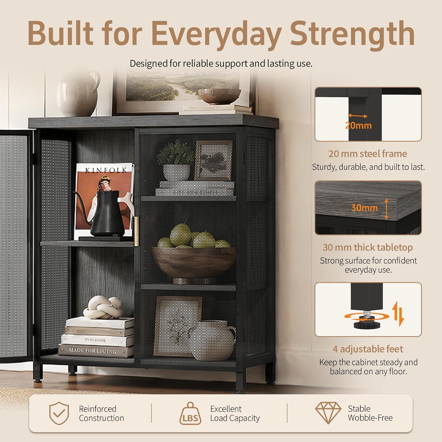Coffee Bar Cabinet with Adjustable Shelves,Liquor Cabinet with Wire Mesh Doors,Space-Saving Buffet Cabinet, for the Kitchen, Dining Room, and Living Room, Gray