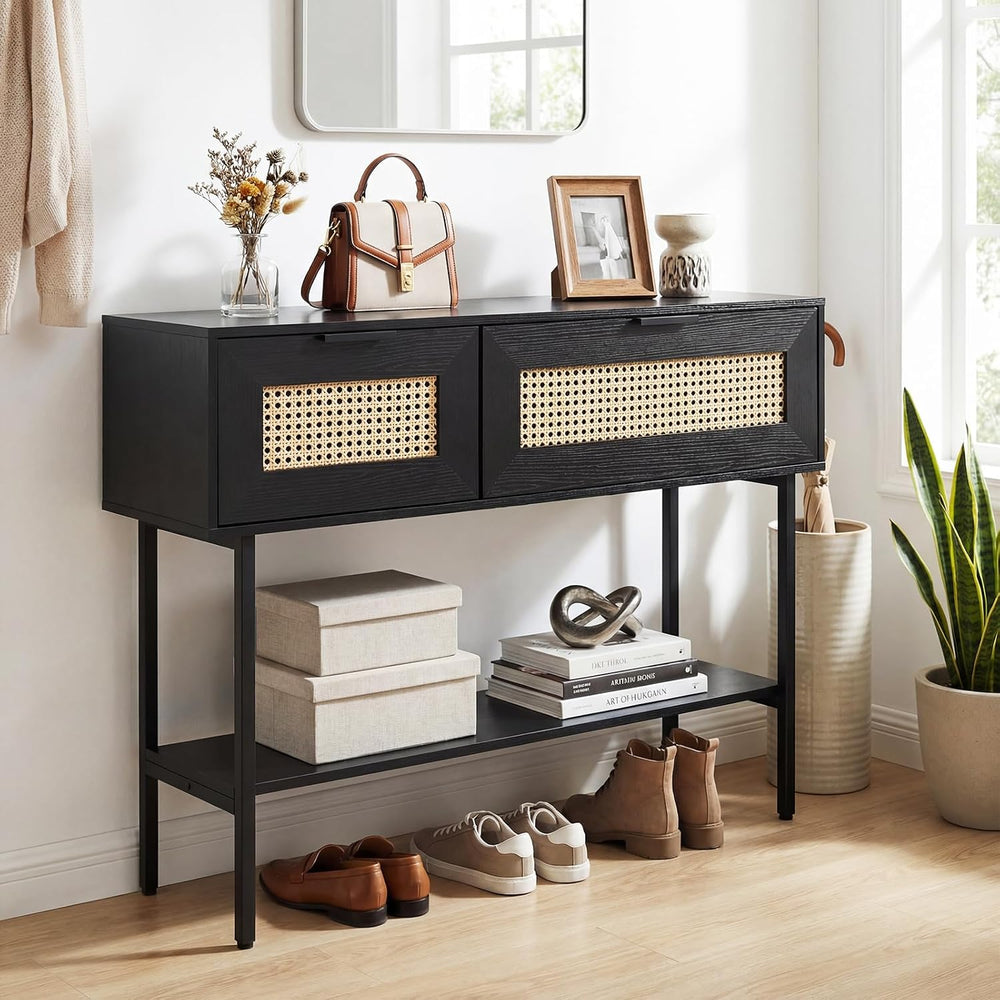 GOFLAME 40” Rattan Console Table, Narrow Long Entryway Table with Storage She...