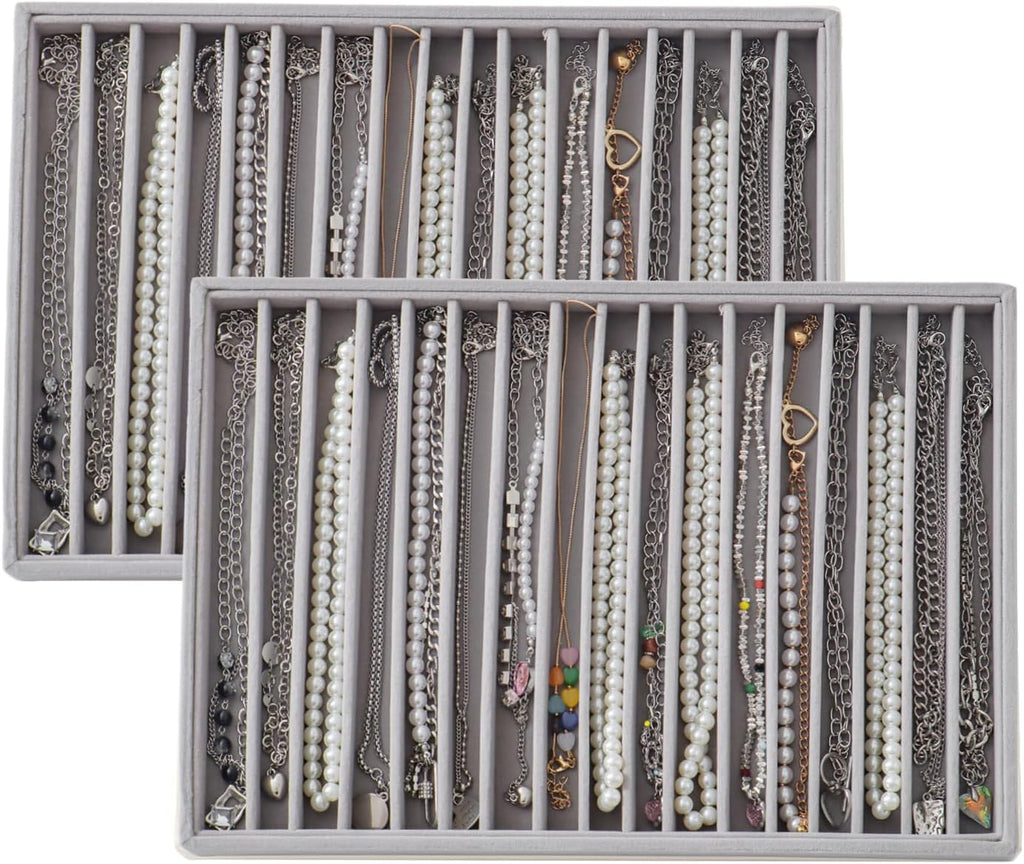 Large Velvet Jewelry Tray 2 Pack Stackable Jewelry Display Drawer Inserts Trays Organizer for Earring Bracelet Necklace Ring (Gray, 16 Grids)