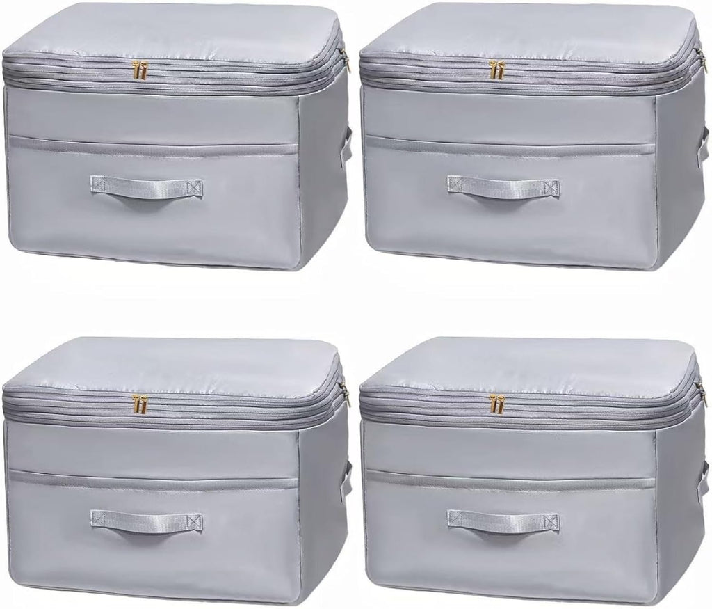 Ultra Space Saving Self Compression Organizers, 4 Pack Double Zipper Compression Packing Cubes for Bedding, Comforter Storage Bag for Blankets Duvet Quilts Pillows Queen King (Gray, X-Large)