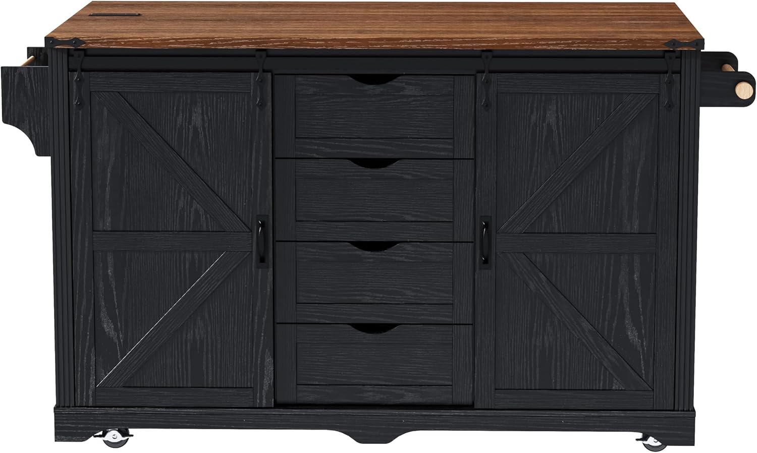 Polibi 72" Farmhouse Kitchen Island Table with with Mini Fridge Storage Space & Power Outlet, Rolling Coffee Bar Cabinet on Wheels with Drop Leaf, 4 Drawers, Sliding Barn Door, Glass Holder, White