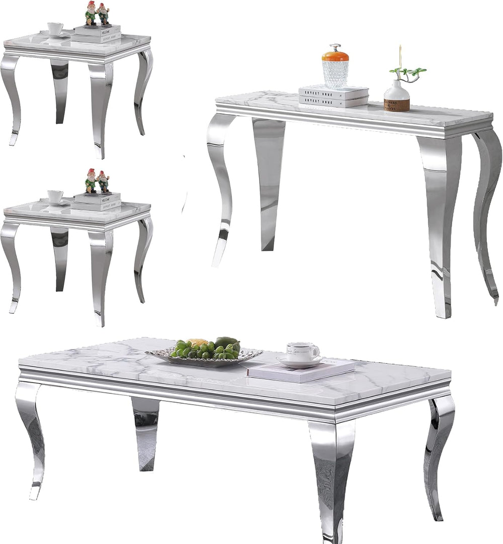 4 Piece Living Room Table Set, White Marble Coffee Table Set of 4, Modern Con...