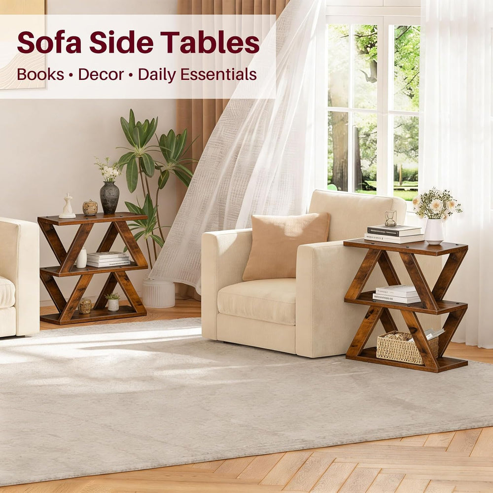Set of 2 Side Table with Side Guard Rails & Anti-Slip Pads, 3 Tier Narrow...