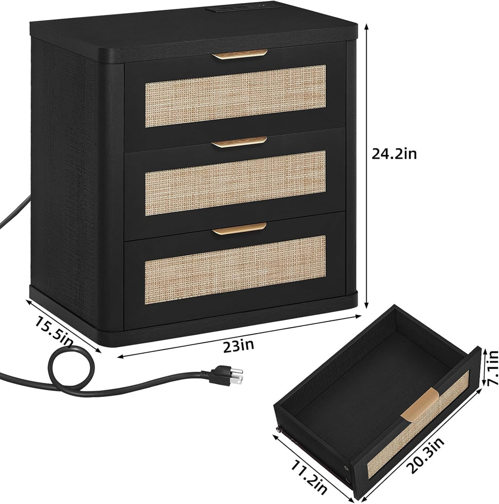 LEYAOYAO Rattan Night Stand Set of 2 with Charger Station, 23" Large 3 Drawer Boho Nightstand, Black Bedside Table Storage Cabinet, Bed Side End Tables for Bedroom, Living Room, Hallway