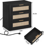 LEYAOYAO Rattan Night Stand Set of 2 with Charger Station, 23" Large 3 Drawer Boho Nightstand, Black Bedside Table Storage Cabinet, Bed Side End Tables for Bedroom, Living Room, Hallway