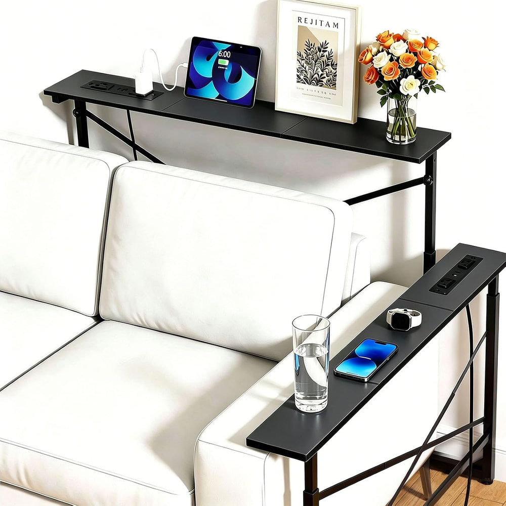 Adjustable Behind Couch Table with Outlets, Black