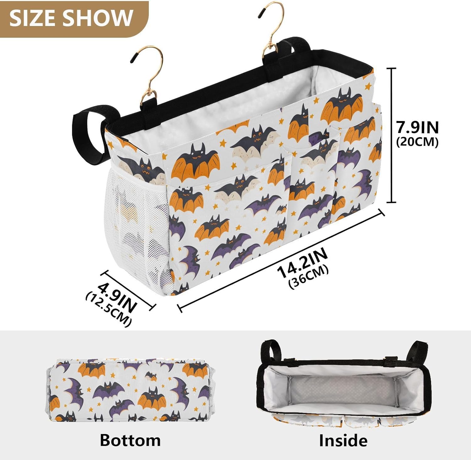 White Halloween Bats and Stars Bedside Caddy for Dorm Bed Bedside Hanging Caddy Bag Iron Frame Storage Organizer Pocket for Bunk Home College Hospital Beds 2 Hooks