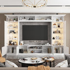 WOODTIME White 114" Large Wall Unit Entertainment Center with Bookshelves, Lights and 18 Shelves, Modern 4-Piece TV Stand Media Console Table with Bridge Cabinet for Living Room & Home Theater