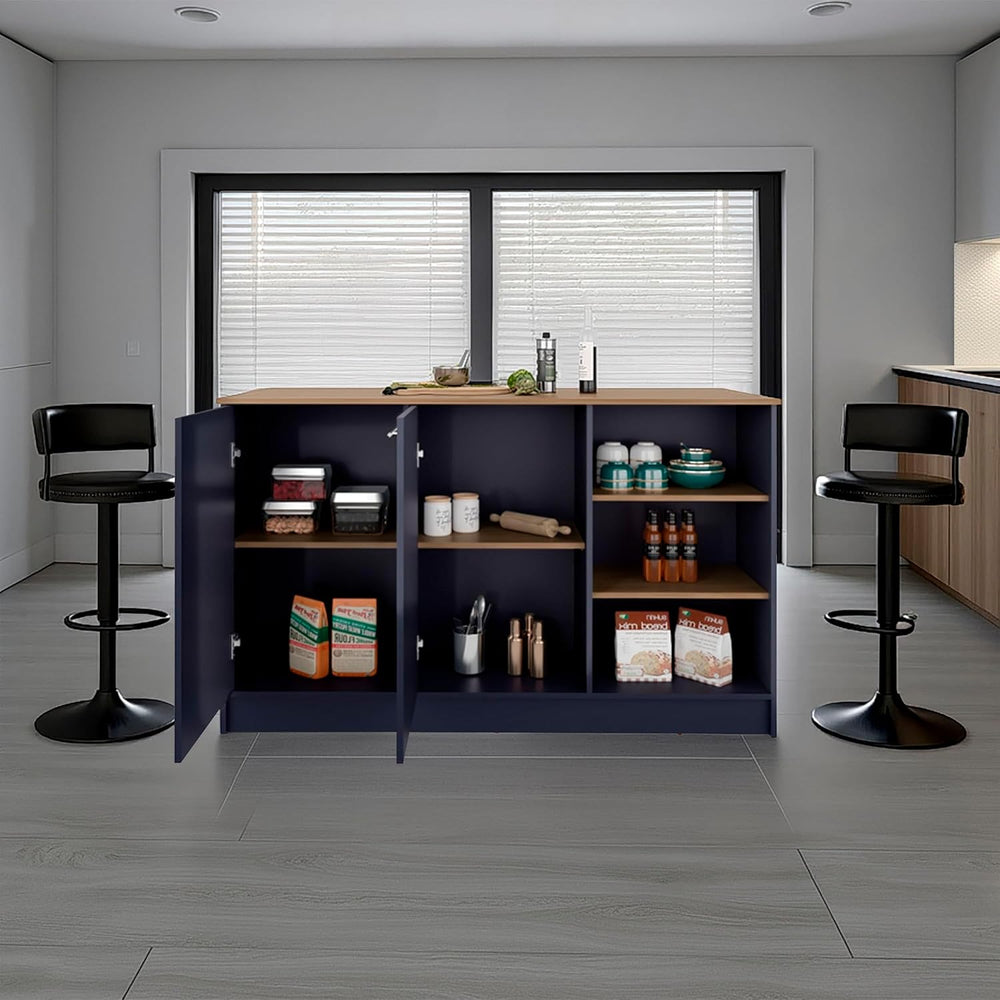 Kitchen Island with 2 Doors and 7 Shelves Alby Blue/Natural Oak | Dual-tone f...