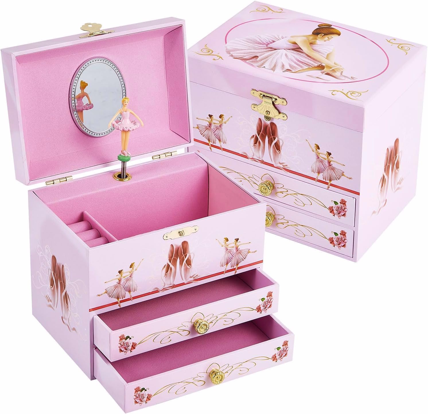 Girl's Gift Ballerina Musical Jewelry Box with 2 Drawers,Music Box with Spinning Ballerina,Kids Jewel Storage Box for Girls Ages 3-12 Kids Gift