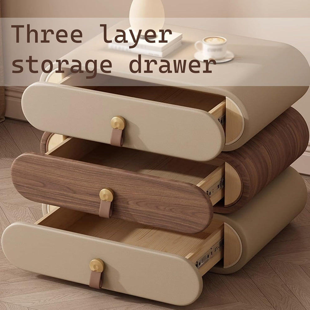 Cream-Style Nightstand,rotatable Side Table with 3 Drawers and Leather Handle...