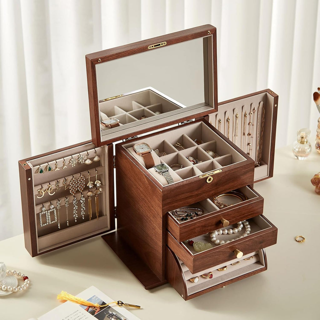 Black Walnut Wooden Jewelry Box, Wood Jewelry Organizer with 2 Side Doors Mirror Lockable Classical for Watch Necklace Ring Earring Storage Christmas Gifts-4 Layer with Curved Ring Grooves