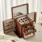 Black Walnut Wooden Jewelry Box, Wood Jewelry Organizer with 2 Side Doors Mirror Lockable Classical for Watch Necklace Ring Earring Storage Christmas Gifts-4 Layer with Curved Ring Grooves