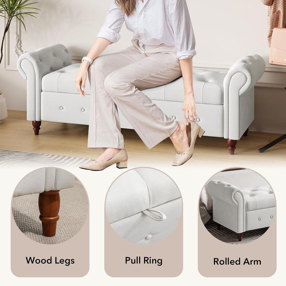 63" Wide Storage Bench, Polyester Upholstered End of Bed Bench with Pull...