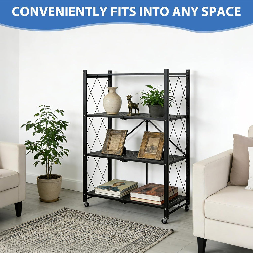 4-Tier Foldable Storage Shelf with Wheels, Metal Collapsible Shelving Unit, H...
