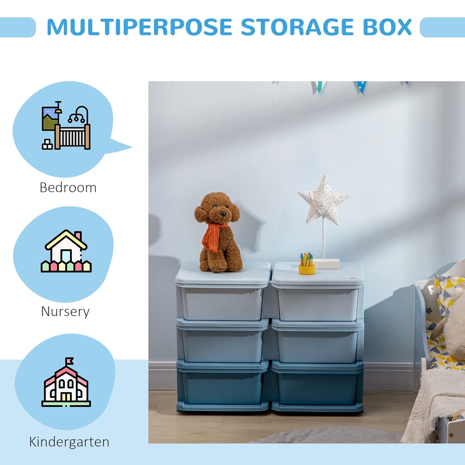 Qaba 3 Tier Kids Storage Unit, 6 Drawer Chest Toy Organizer Plastic Bins for Kids Bedroom Nursery Kindergarten Living Room for Boys Girls Toddlers, Blue
