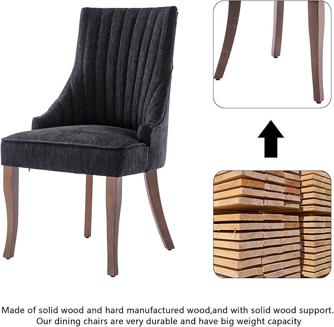 mikibama Linen Dining Chairs Set of 6 Channel Tufted Kitchen Dinner Chair Comfy Fabric Upholstered Accent Chair for Dining Room with Solid Wood Legs (Black 6pc)