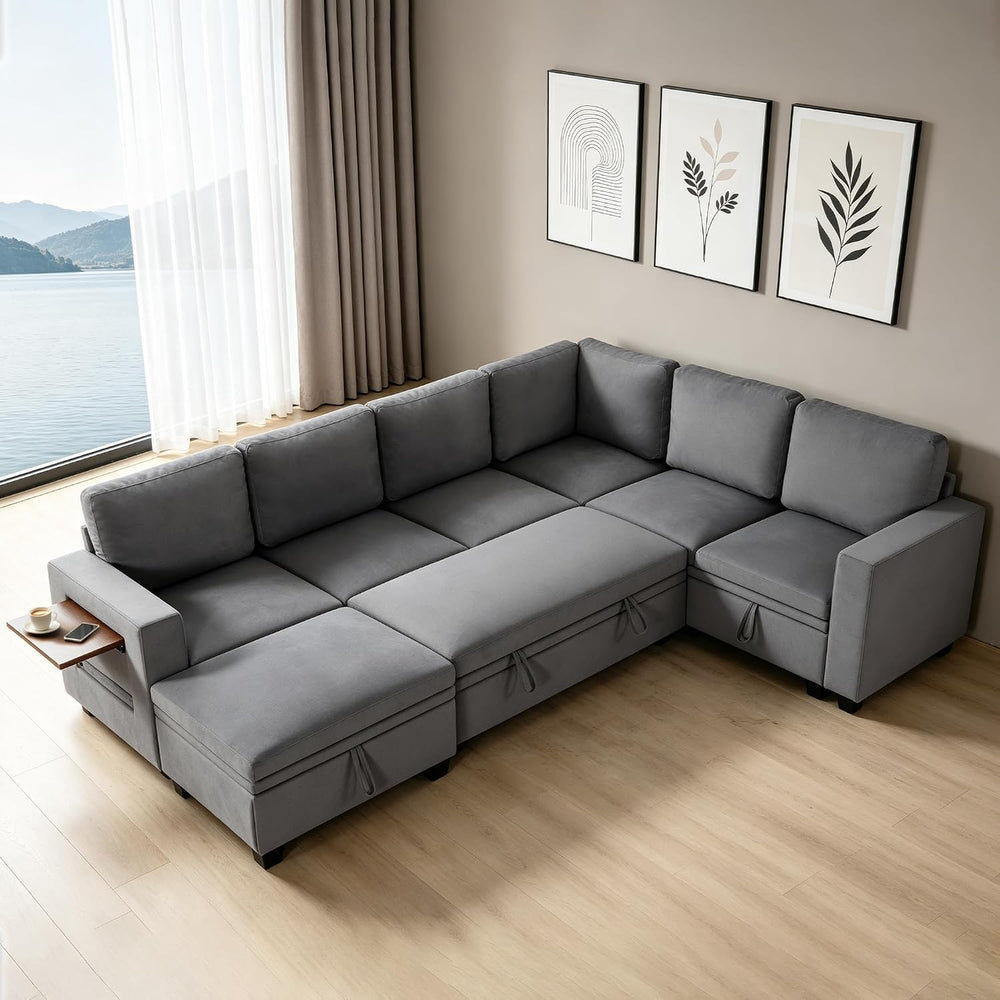 105" Modular Sectional Sleeper Sofa with Pull Out Bed, U Shaped Couch wi...