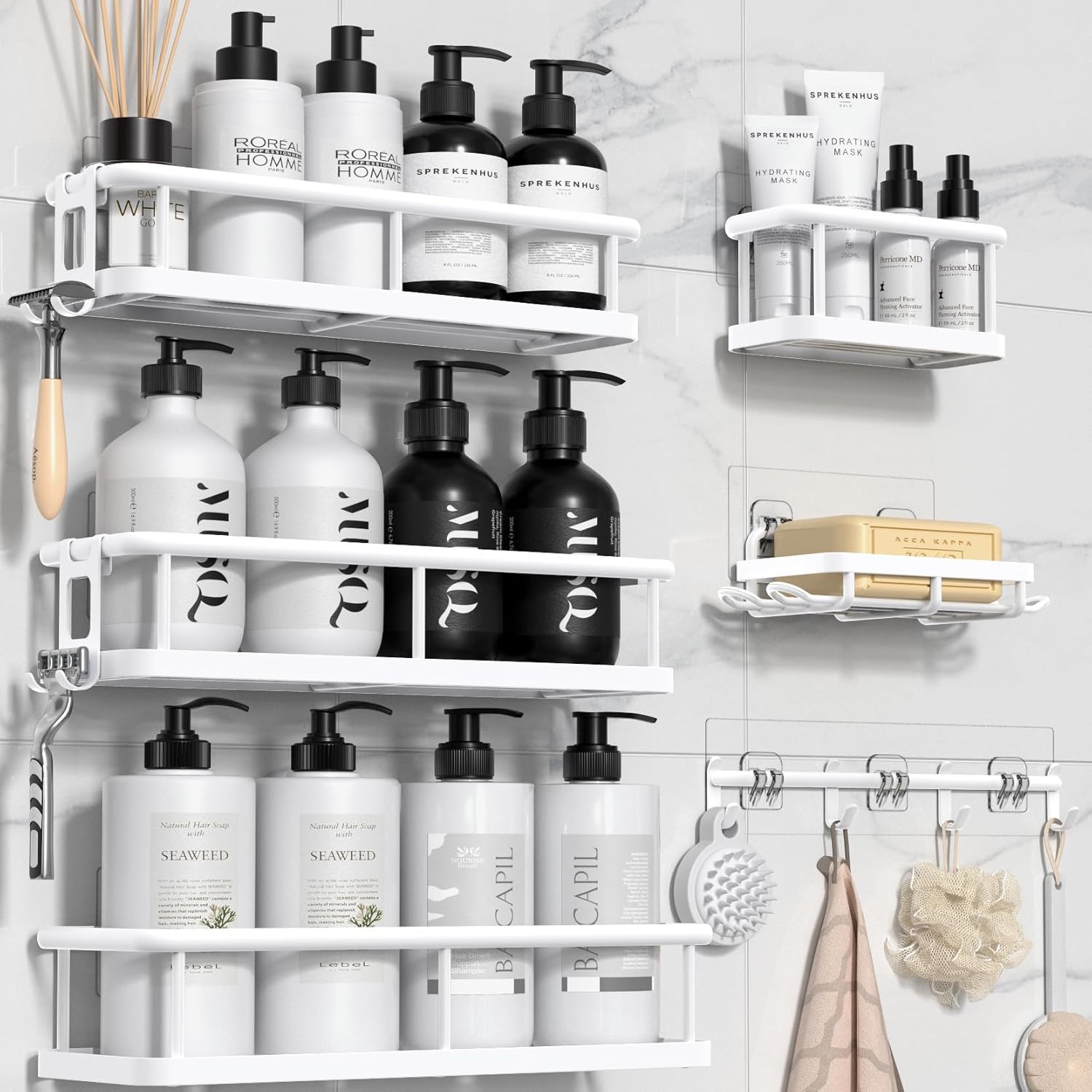 YASONIC Shower Caddy, 6 Pack Large Capacity shower organizer with Soap Holder and 12 Hooks, Rustproof Shower Shelves for Inside Shower, No Drilling&Sleek Bathroom Organizers and Storage White