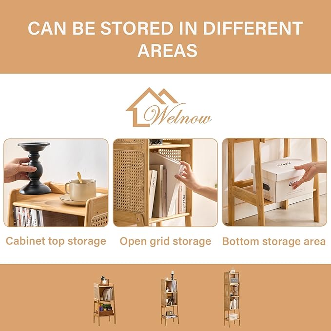 Welnow Bamboo Rattan Bookcase with Cabinet, 1-Tier Storage Shelf with Side Ta...